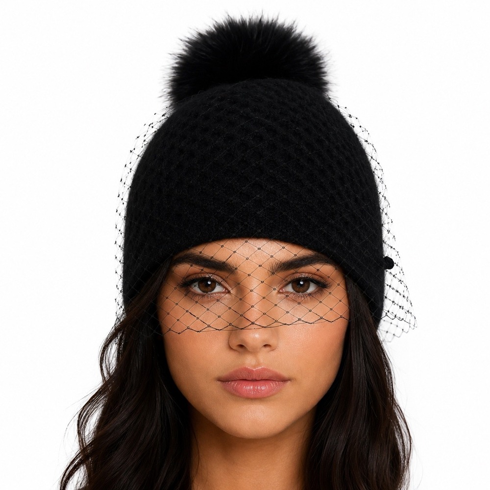 Forever 21 Black Ribbed Knit Beanie Hat with Birdcage Veil and Faux Fur Pom Pom